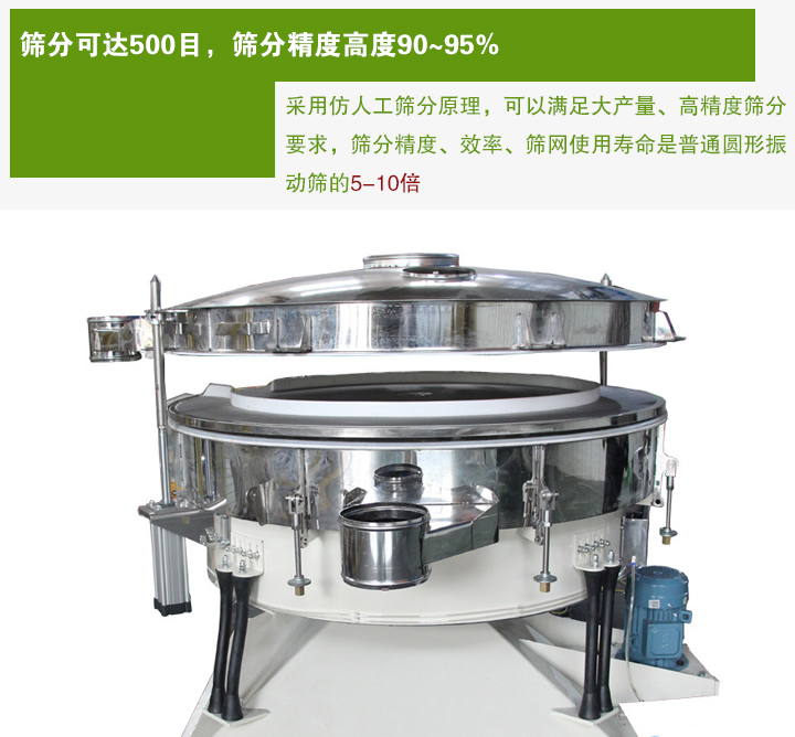 搖擺篩分機采用仿人工篩分原理，可以滿足大產量、高精度篩分 要求，篩分精度、效率、篩網使用壽命是普通圓形振 動篩的5-10倍